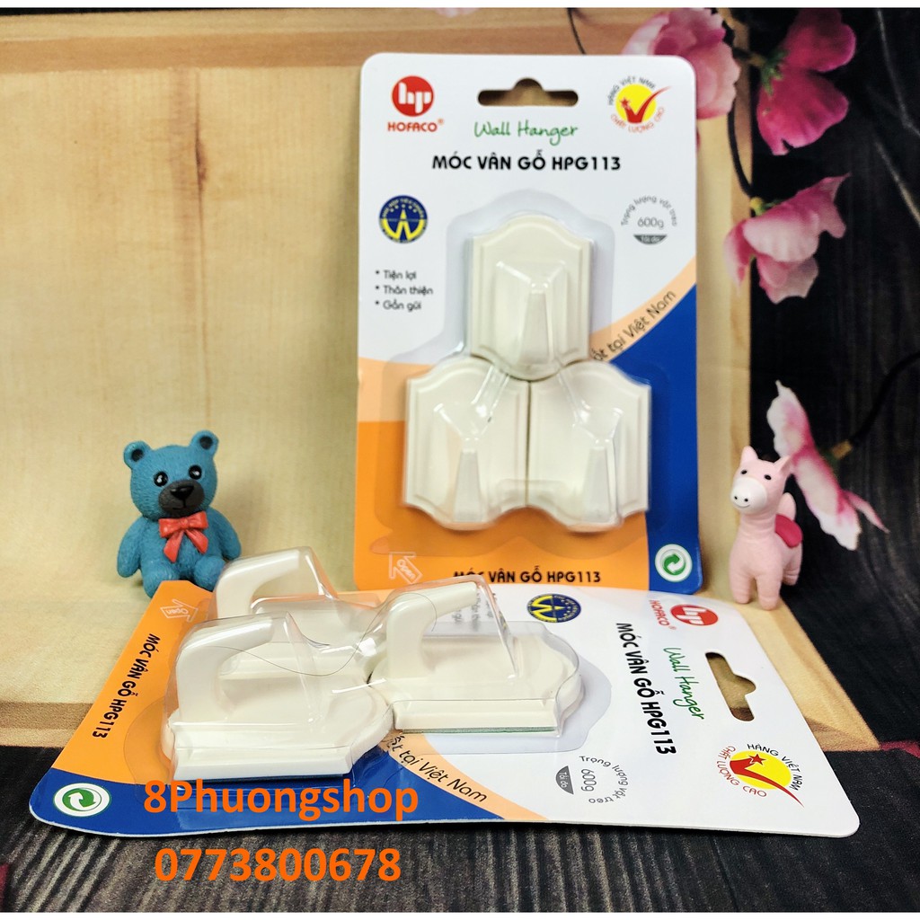Móc dán treo tường bằng nhựa cao cấp Hofaco - Móc vân gỗ HPG113 trang trí dán tường tiện lợi