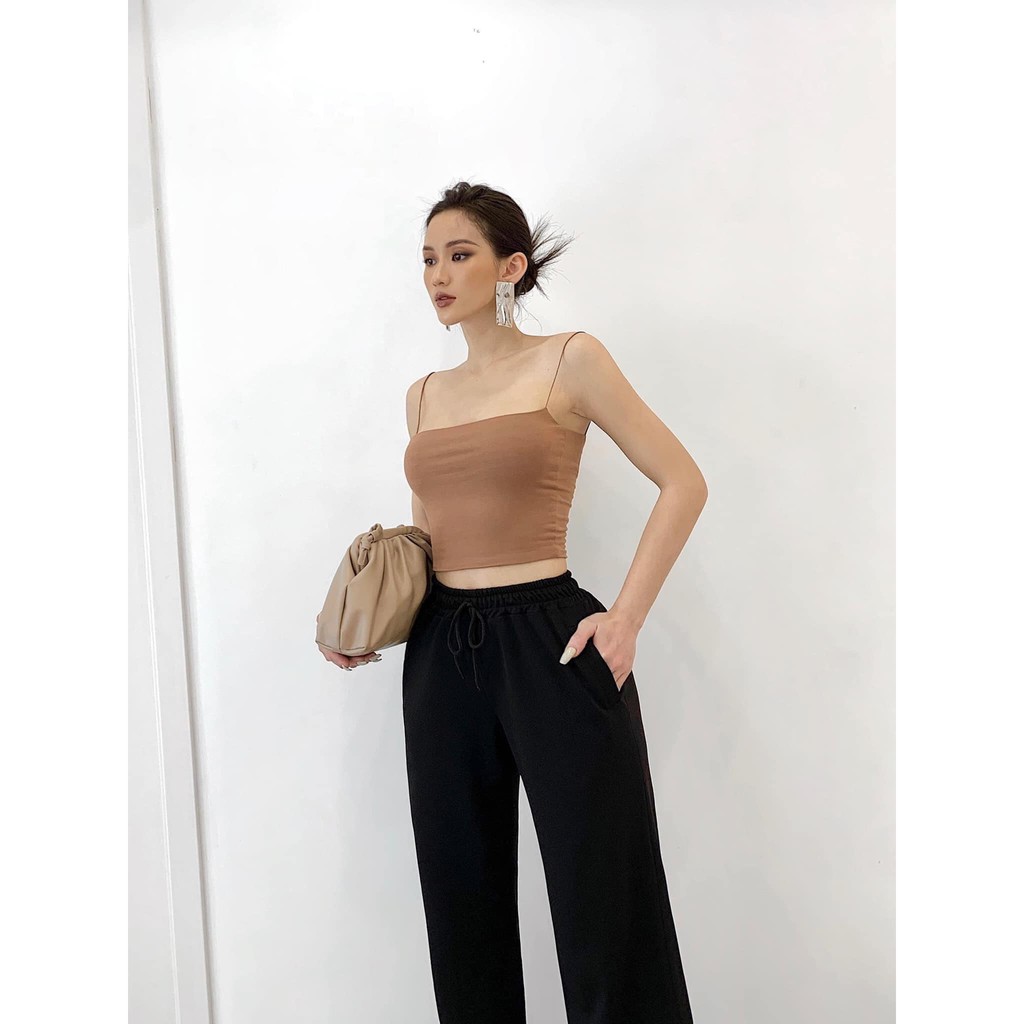 Áo Hai Dây Croptop Nữ Busy 2 Lớp Thun Dẻo Không Viền Co giãn Ôm Sát HDC