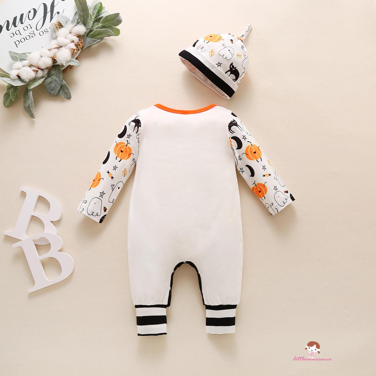 Bộ Áo Liền Quần Tay Dài Cổ Tròn In Chữ / Quái Vật + Mũ Hóa Trang Halloween Dành Cho Bé 0-18 Tháng Tuổi