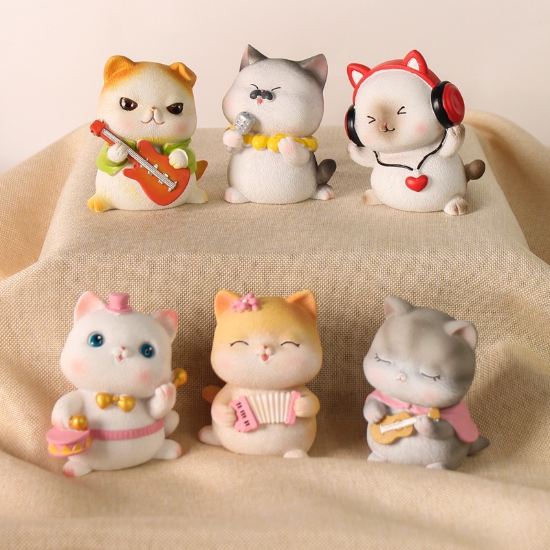 Set mô hình 6 chú mèo ban nhạc nhiều kiểu dáng chất liệu PVC biểu cảm đáng yêu, trang trí nhà cửa, quà tặng-Ráp