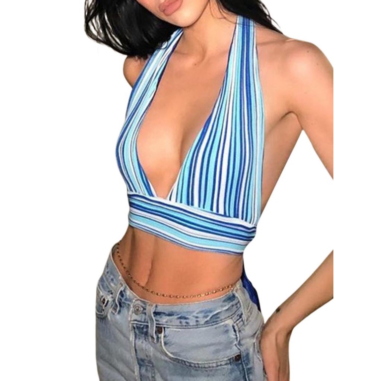 Áo Crop Top Hai Dây Cổ Chữ V Gợi Cảm Cho Nữ (Màu Hồng, Xanh Dương)
