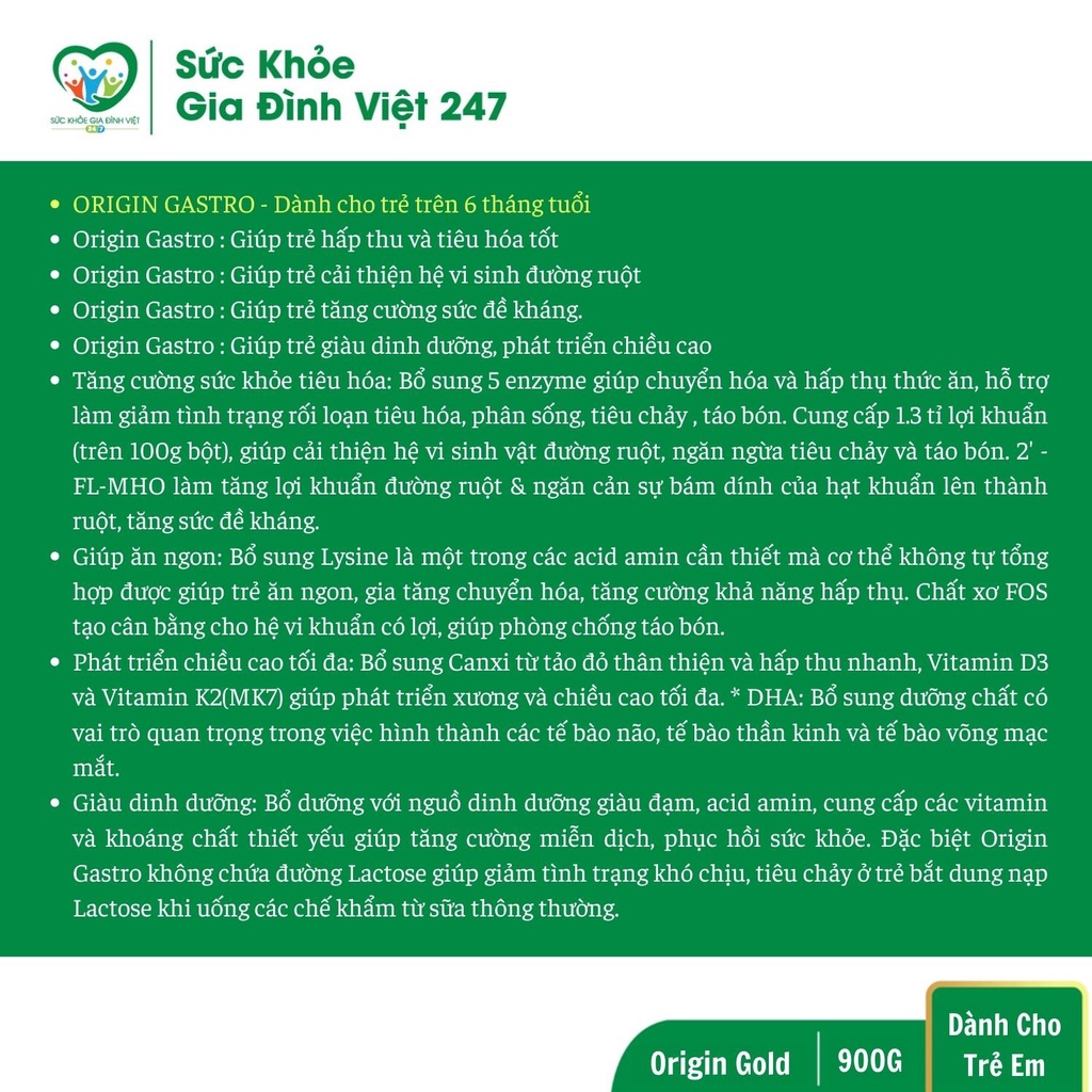 Sữa Origin Gastro - Gold - Baby 900 - Bổ Sung Dinh Dưỡng Phát Triển Toàn Diện Cho Bé suckhoegiadinhviet247