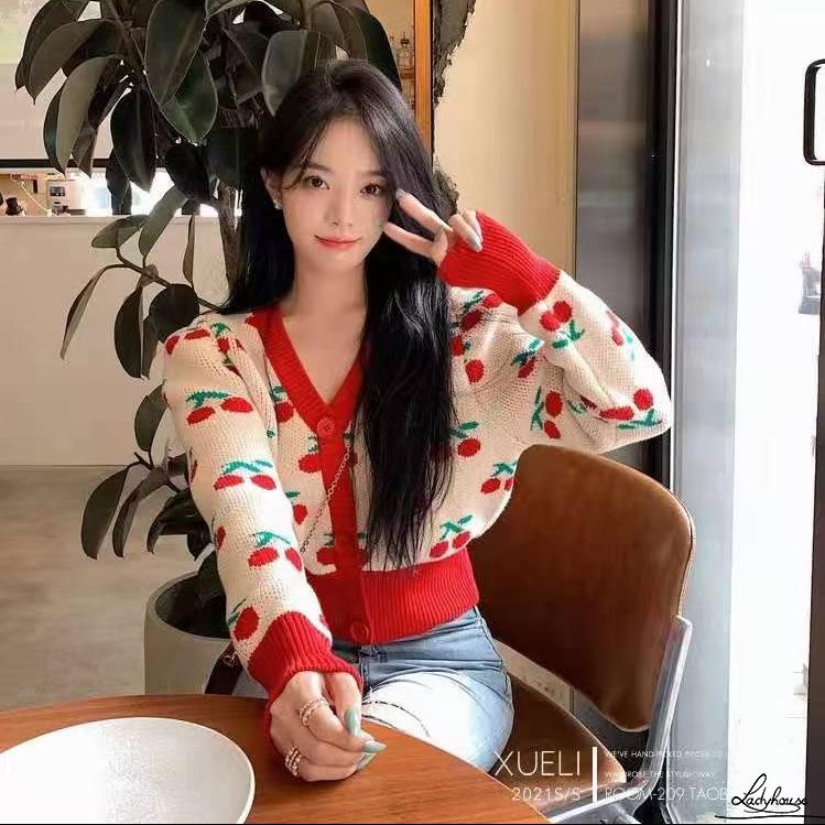 Áo khoác cardigan dệt kim cổ chữ V in họa tiết quả cherry phong cách cổ điển thời trang mùa thu cho nữ