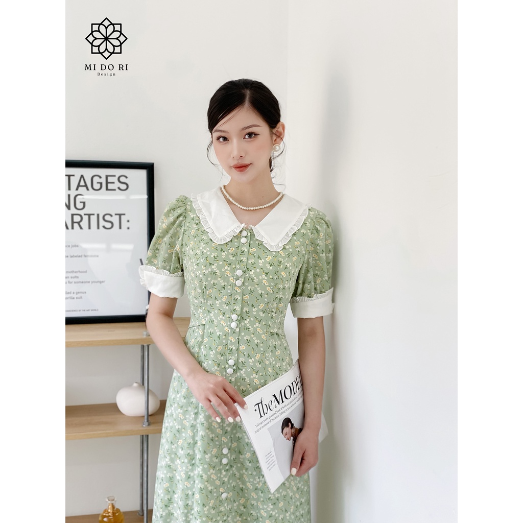 Đầm dáng midi cổ điển phối cổ trắng, hoa xanh trắng, chiffon Hàn co giãn nhẹ, 2 lớp - Eva Dress