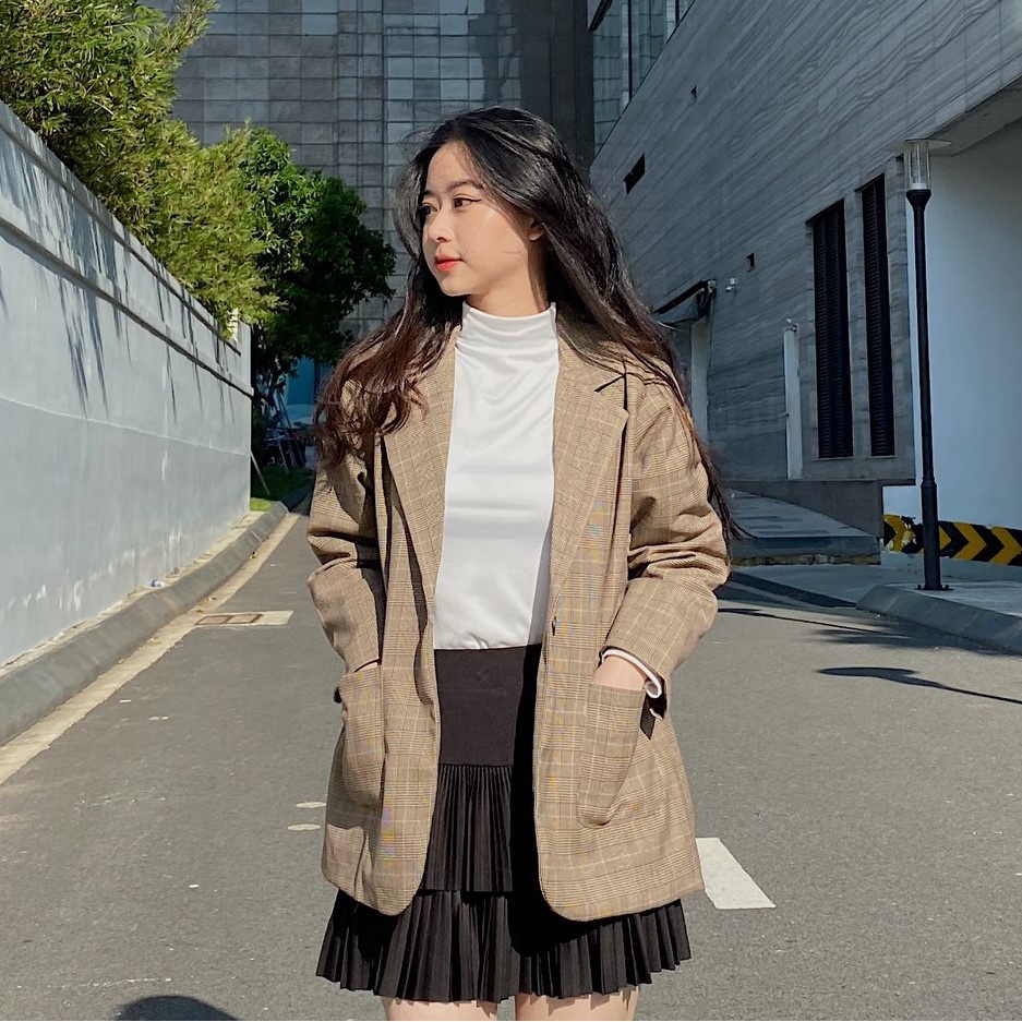 Áo khoác blazer nữ 2 lớp, áo blazer kẻ 2 lớp