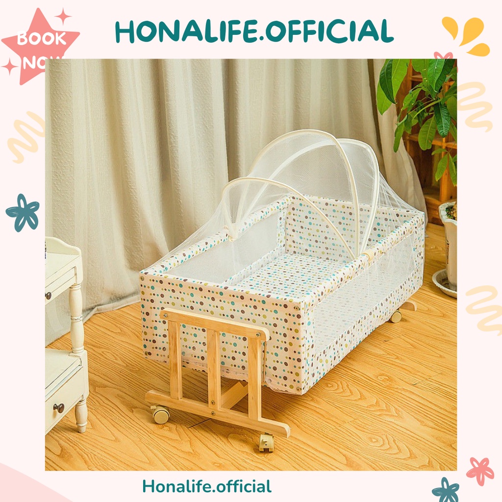 Nôi Gỗ(Kèm Màn), Nôi Gỗ Thông Tự Rung 3 Chức Năng: Nôi, Võng, Cũi