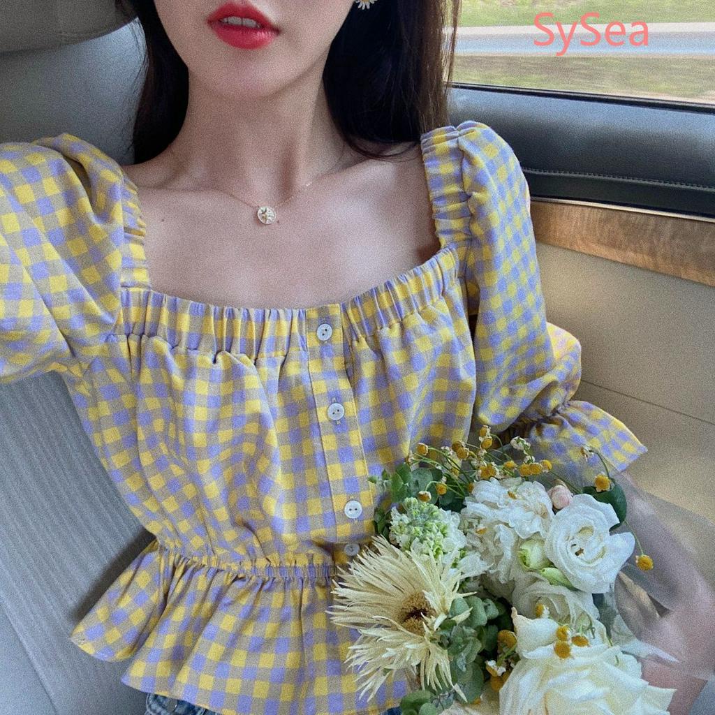 Áo Sơ Mi Cổ Vuông Kẻ Sọc Kiểu Retro Thời Trang Mùa Hè Cho Nữ