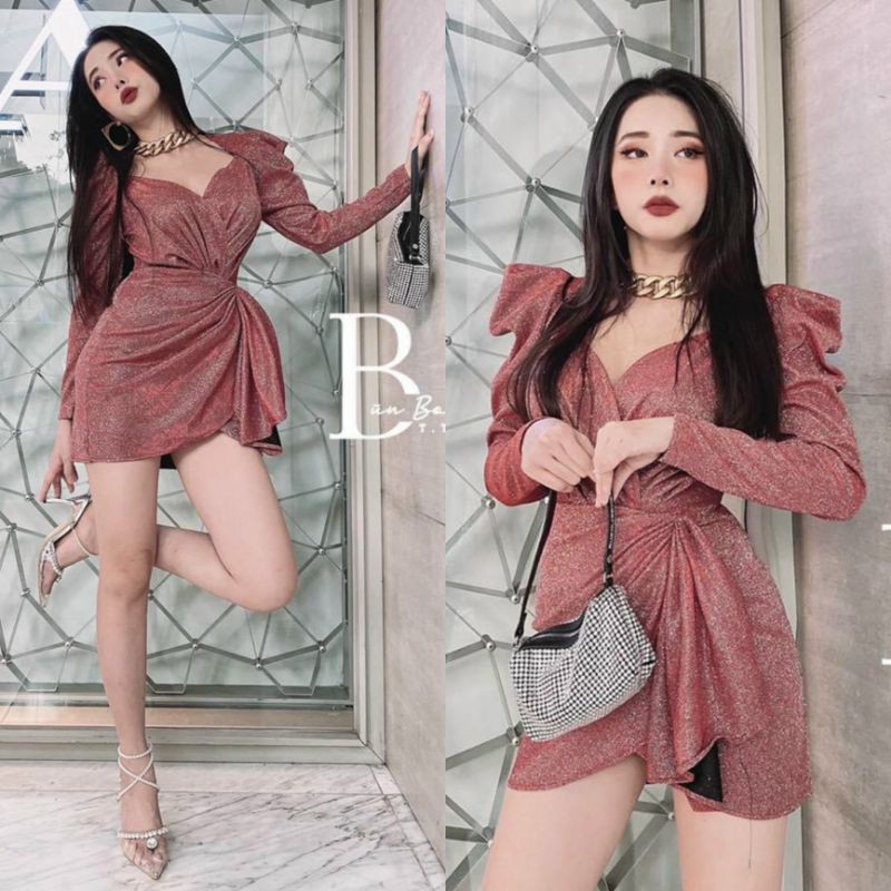 Đầm Body Nhũ Kim Tuyến  DỰ TIỆC tay dài phồng eo xếp kiểu HÀNG THIẾT KẾ Rẻ Đẹp