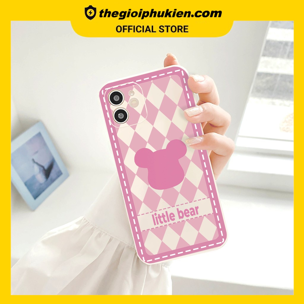 Ốp lưng iphone cạnh vuông Caro hồng little bear dành cho iphone 6 đến 14promax - E203