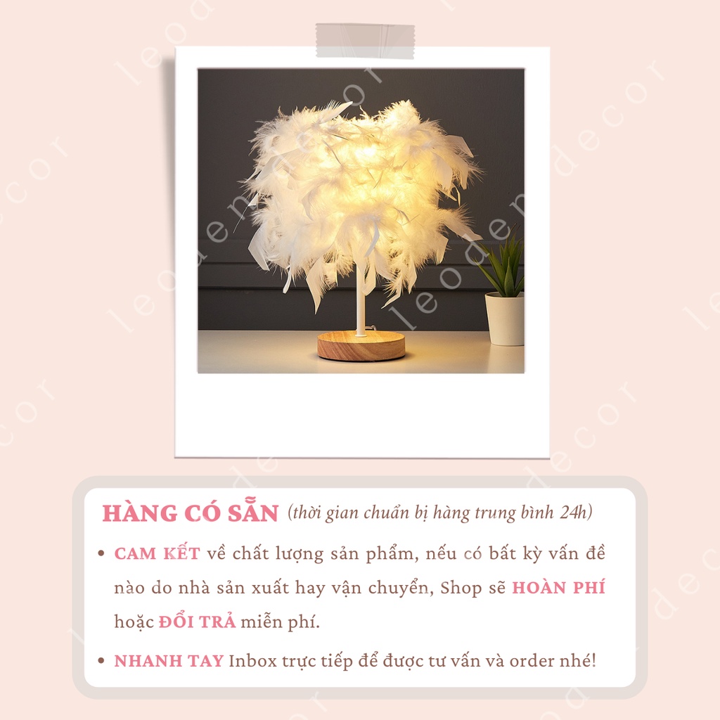 Đèn ngủ để bàn lông vũ decor đẹp, đèn ngủ đế gỗ trang trí phòng ngủ điều chỉnh độ sáng ba màu