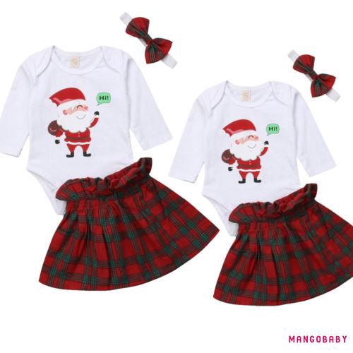 Set áo ngắn tay in hình ông già Noel liền quần tã + váy kèm băng đô nơ dễ thương cho bé gái