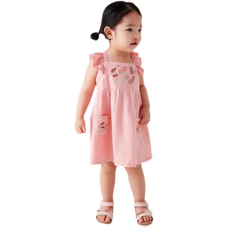 Đầm Hồng bé gái thêu tay hoa, váy trẻ em cổ vuông phối tay bèo kiểu dáng xoè babydoll chất thô mềm thoáng mát
