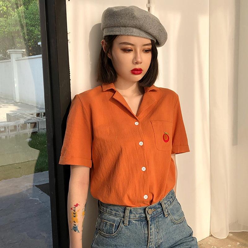 Áo Sơ Mi Nữ Tay Ngắn Có Cổ Thêu Hình Trái Cây Thời Trang