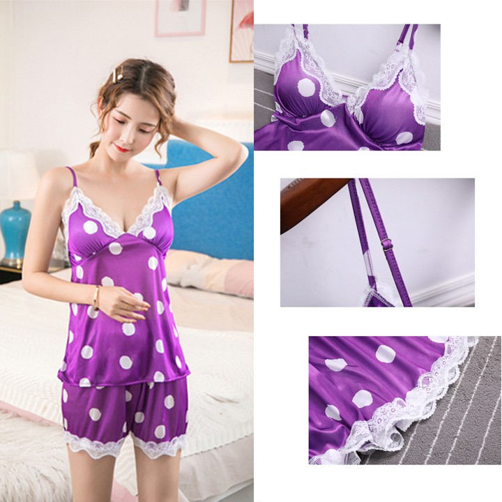 Bộ đồ ngủ nữ chấm bi phối ren xinh xắn có kèm mút ngực