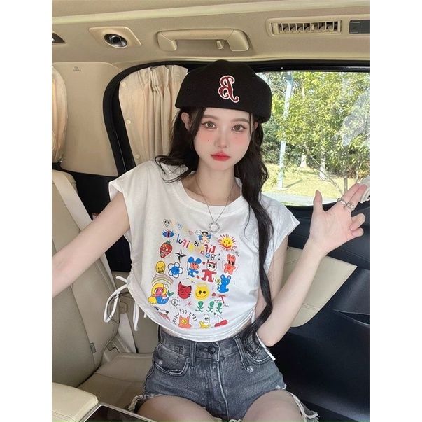 Áo croptop in hoạ tiết xinh dây rút hai bên eo GB alohashop91