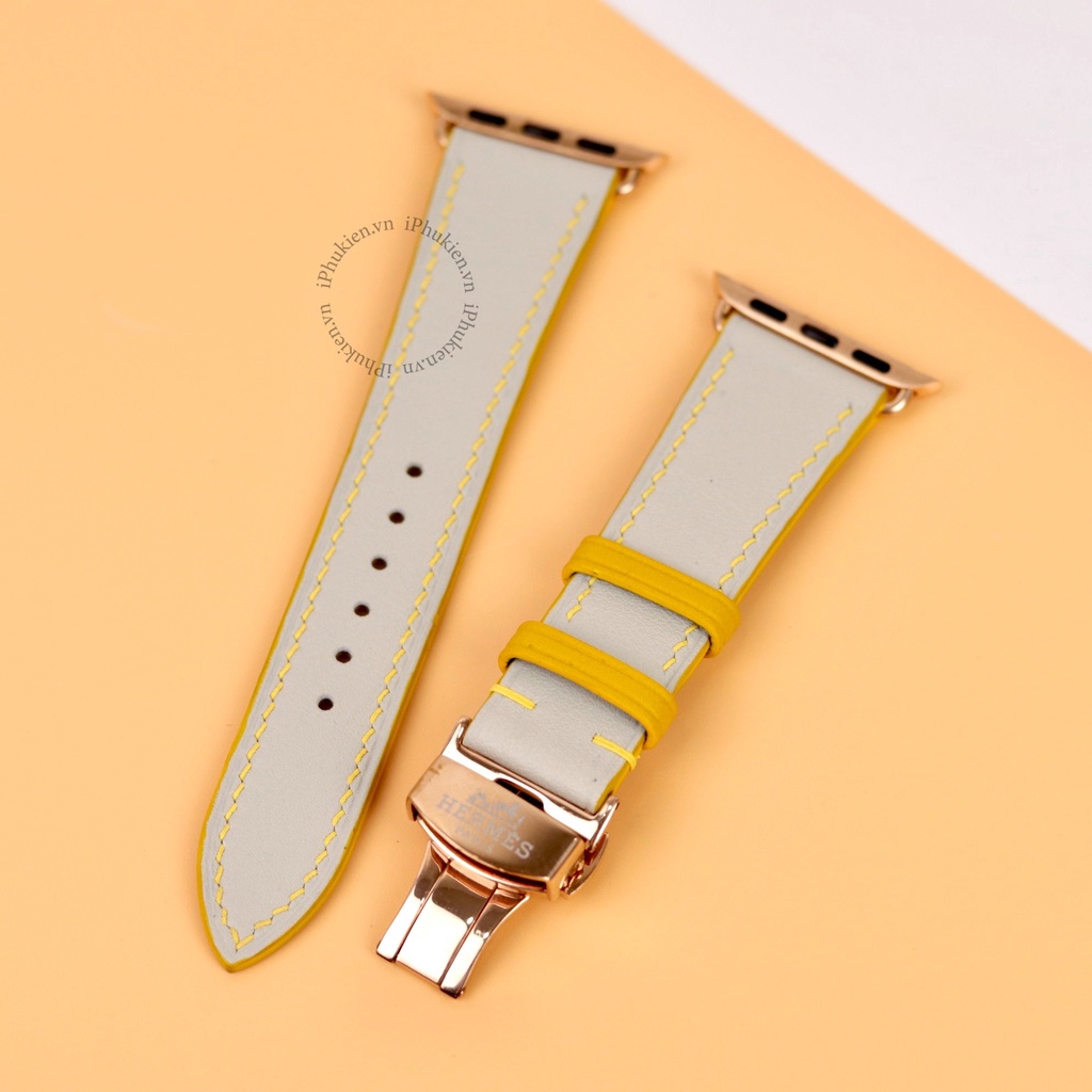 Dây Da Handmade [DA THẬT, BẢO HÀNH 1 NĂM] Swift Xám Chỉ Vàng cho Apple Watch Seris 1/2/3/4/5/6/7