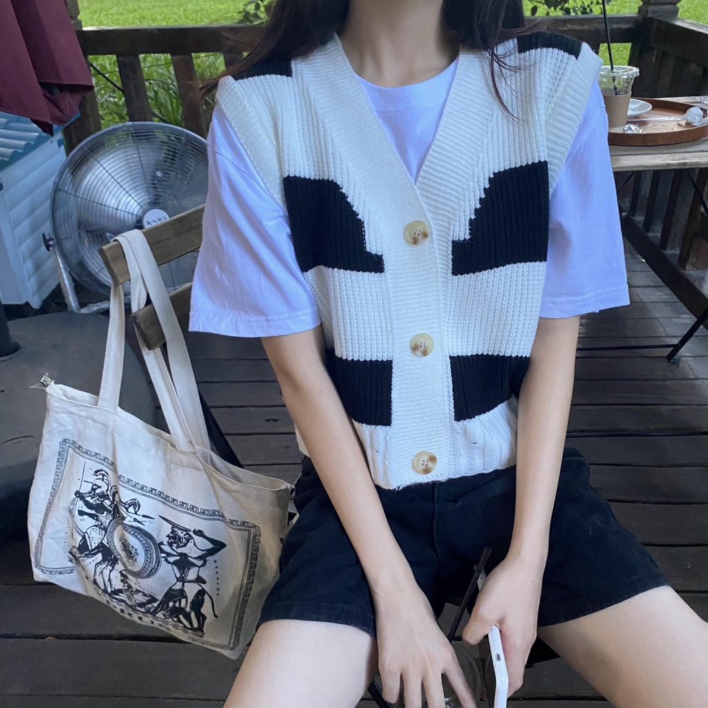 Korean Retro Korean Check V-neck Knit Sleeveless Vest Women's Top | BigBuy360 - bigbuy360.vn