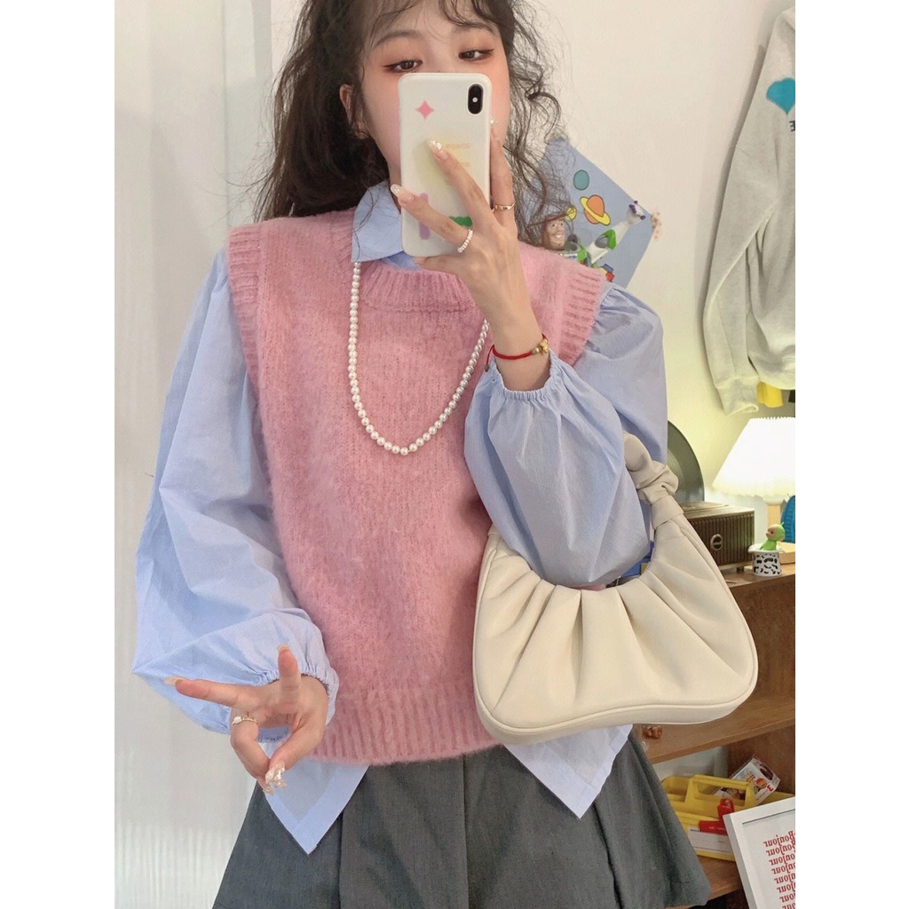 Áo Dệt Kim Sát Nách Cổ Tròn Dáng Rộng Thời Trang Mùa Thu Phong Cách Hàn Quốc Cho Nữ