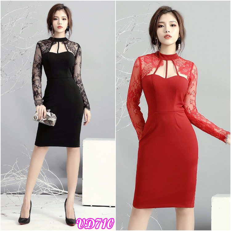 Đầm ôm body tay dài phối ren