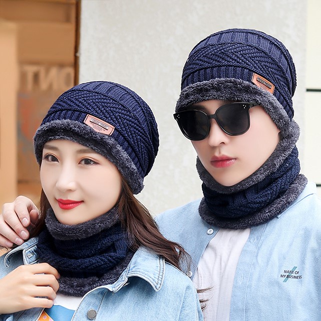 Mũ Len Nam Nữ Hàn Quốc Trùm Đầu Dày Dặn Co Dãn, Nón Len Kèm Khăn Ống Lót Lông Siêu Ấm Thời Trang Nhiều Màu Sắc