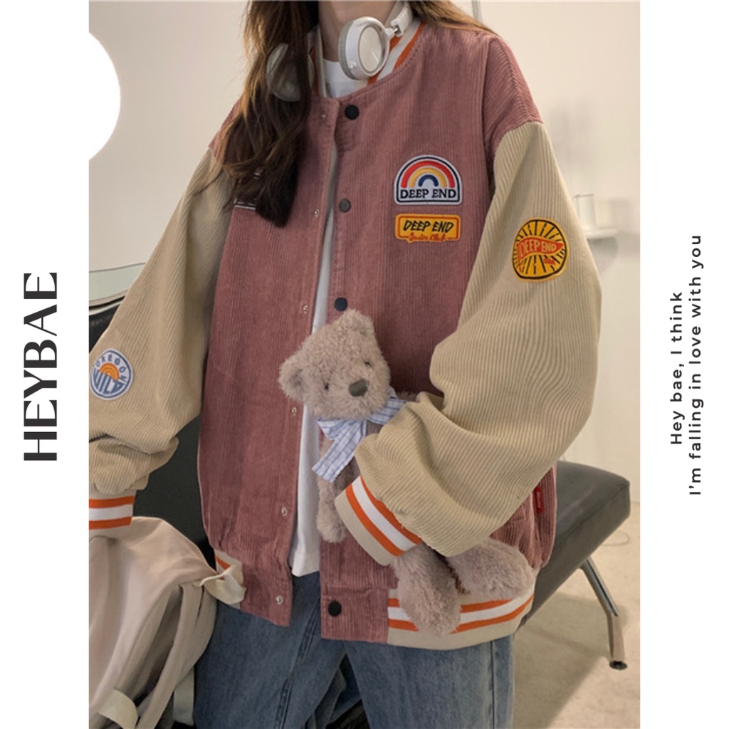 Áo khoác varsity unizex nhung tăm oversize Kyomi HEYBAE dáng rộng thêu cá tính cúc bấm bomber khoác nữ AK017