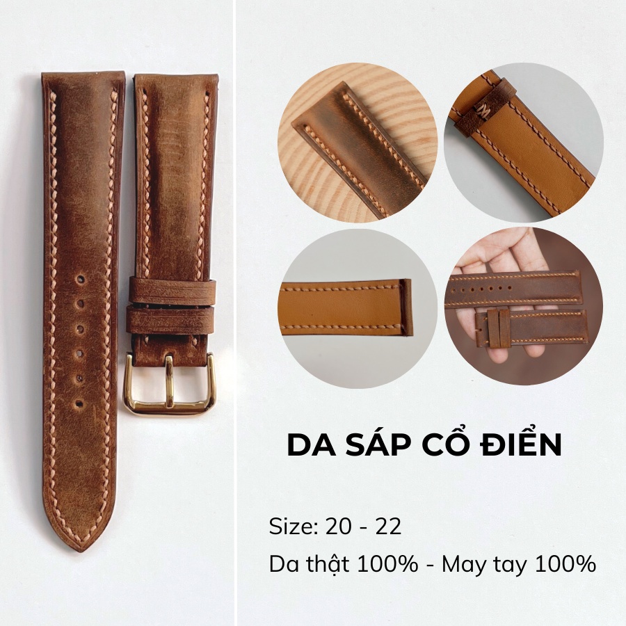 Dây Đồng Hồ Da Bò Sáp 20mm, 22mm, Da Thật Chính Hãng, Handmade Cao Cấp, Chống Nước, Bảo Hành 12 Tháng
