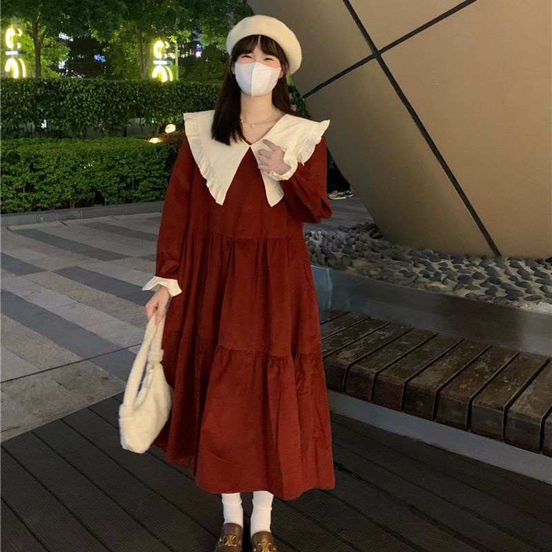 Váy babydoll Đầm Tay Dài Cổ Búp Bê Màu Sắc Tương Phản Phong Cách Hàn Quốc Ngọt Ngào Thời Trang Mùa Xuân Cho Nữ