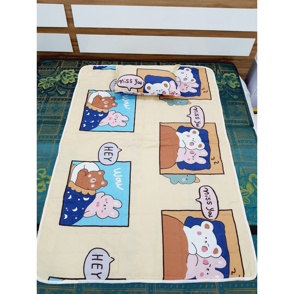 (Siêu rẻ)  Combo chăn gối cho bé 5-10 tuổi đến trường poly cotton mẫu Pikachu đội mũ - Ảnh thật shop chụp, ib chọn mẫu
