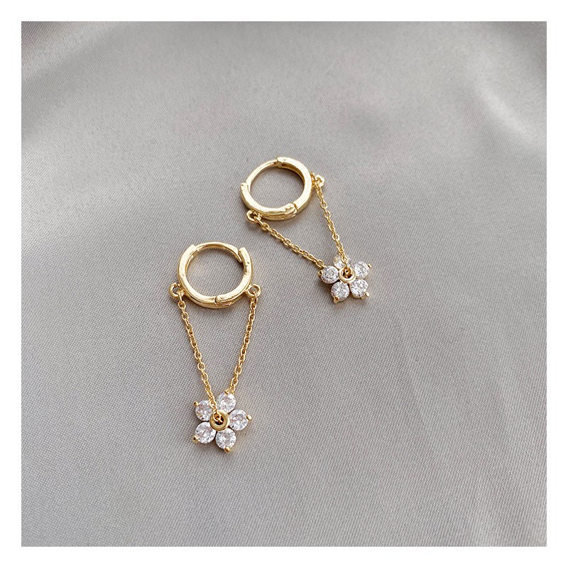 Khuyên Tai Dáng Dài Hình Hoa Đính Đá Zircon Phong Cách Retro Thời Trang Hàn Quốc