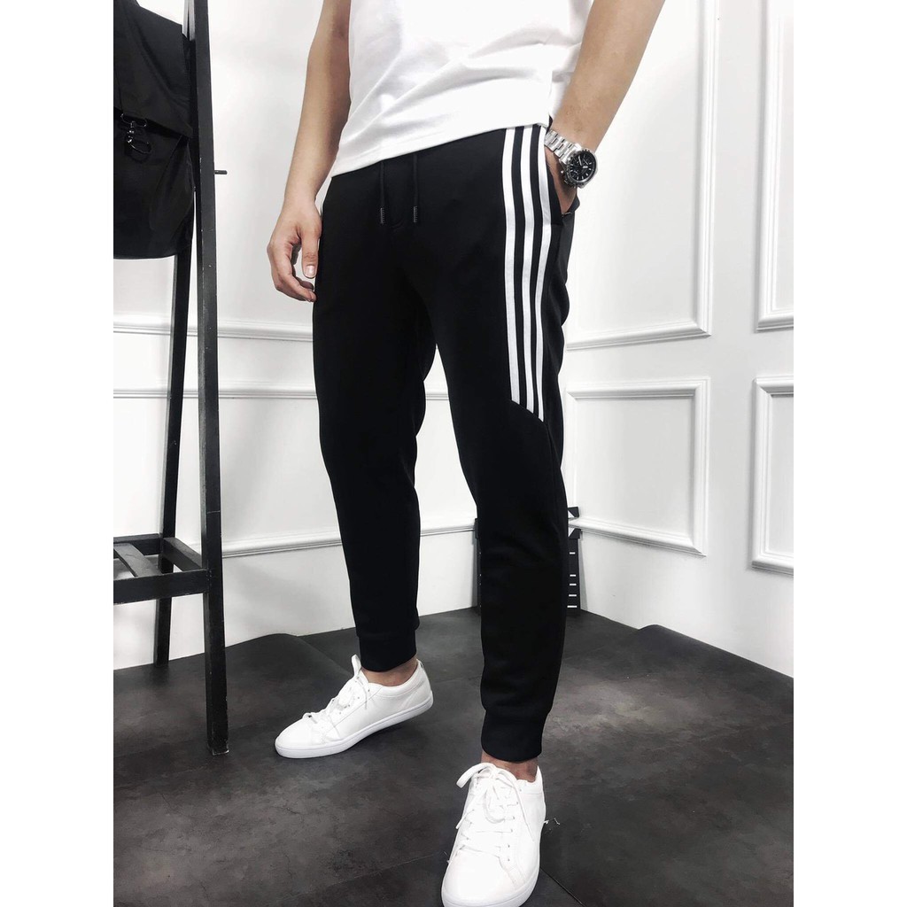 Quần Jogger Nam Nữ thể thao chất nỉ 2 màu 3 sọc ngắn ống bo TK010. | BigBuy360 - bigbuy360.vn
