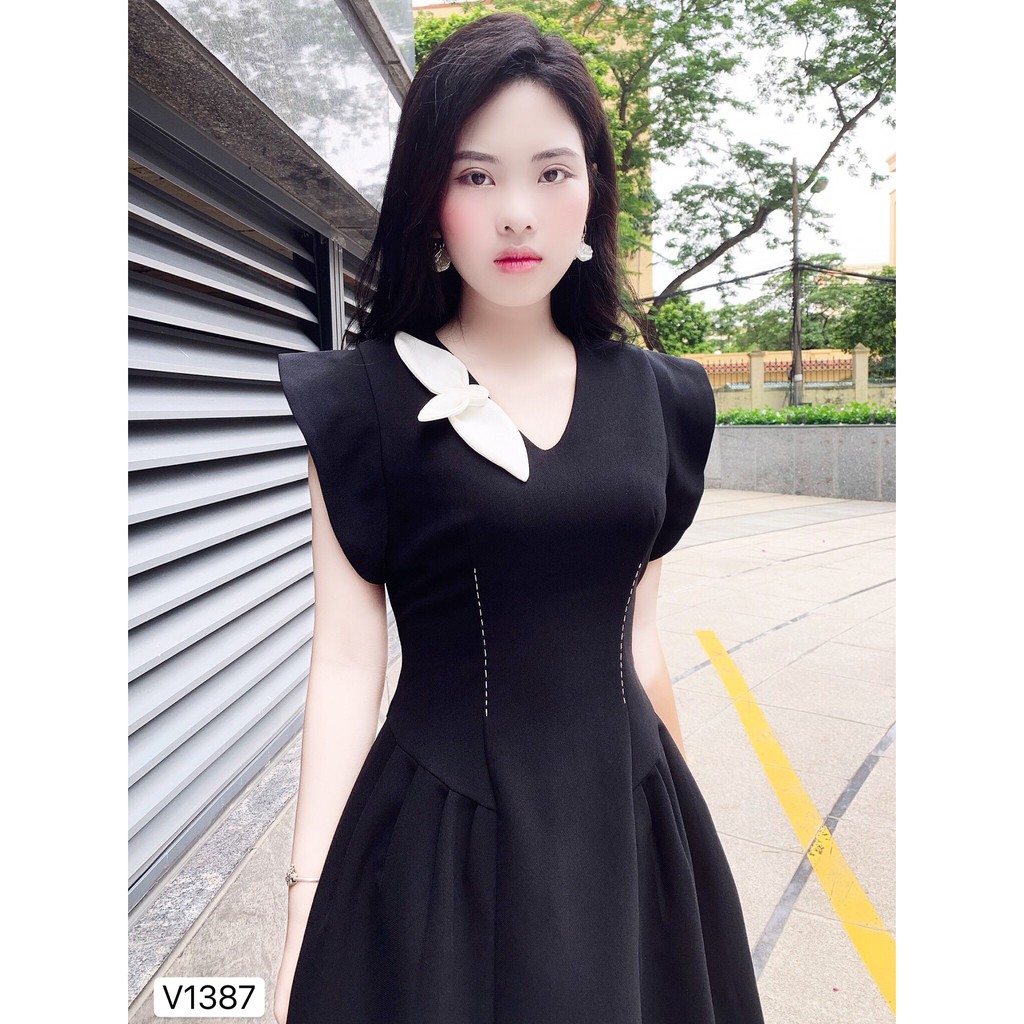 Váy đen suông nơ trắng V1387 - Đẹp Shop DVC (Kèm ảnh thật trải sàn do shop tự chụp) | BigBuy360 - bigbuy360.vn