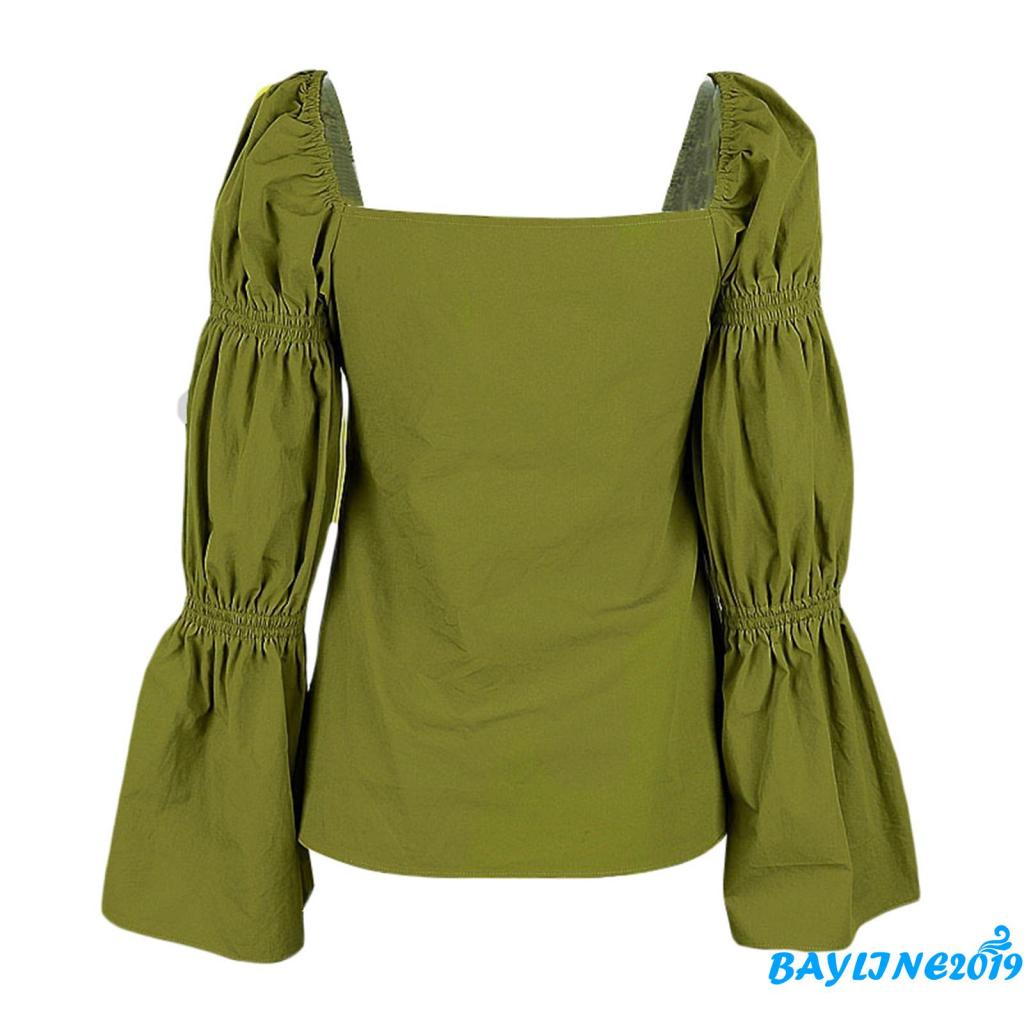 Áo cổ vuông tay dài dáng loe xẻ tà trước màu trơn phong cách xuân thu dành cho phái nữ