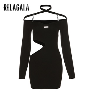 RelaGala Thời Trang Nữ Raglan Tay Dây Xích Kim Loại Cutout Đầm