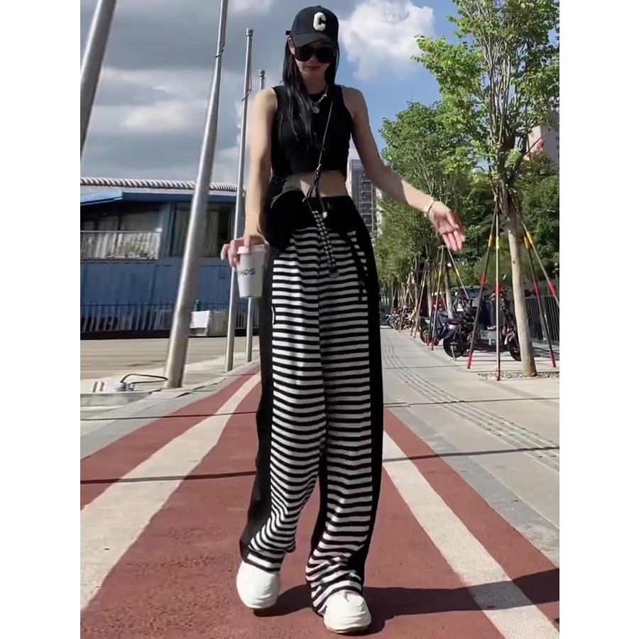 Jiashucheng Quần Ống Rộng Lưng Cao Dáng Suông Cỡ Lớn Kẻ Sọc Màu Tương Phản Phong Cách Mới Cho Nữ