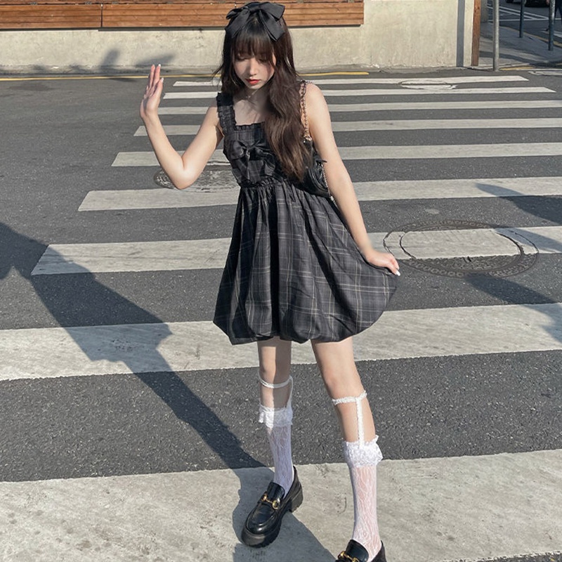 Đầm Mini Không Tay Phối Nơ Họa Tiết Sọc Caro Phong Cách Hàn Quốc Thời Trang Mùa Hè