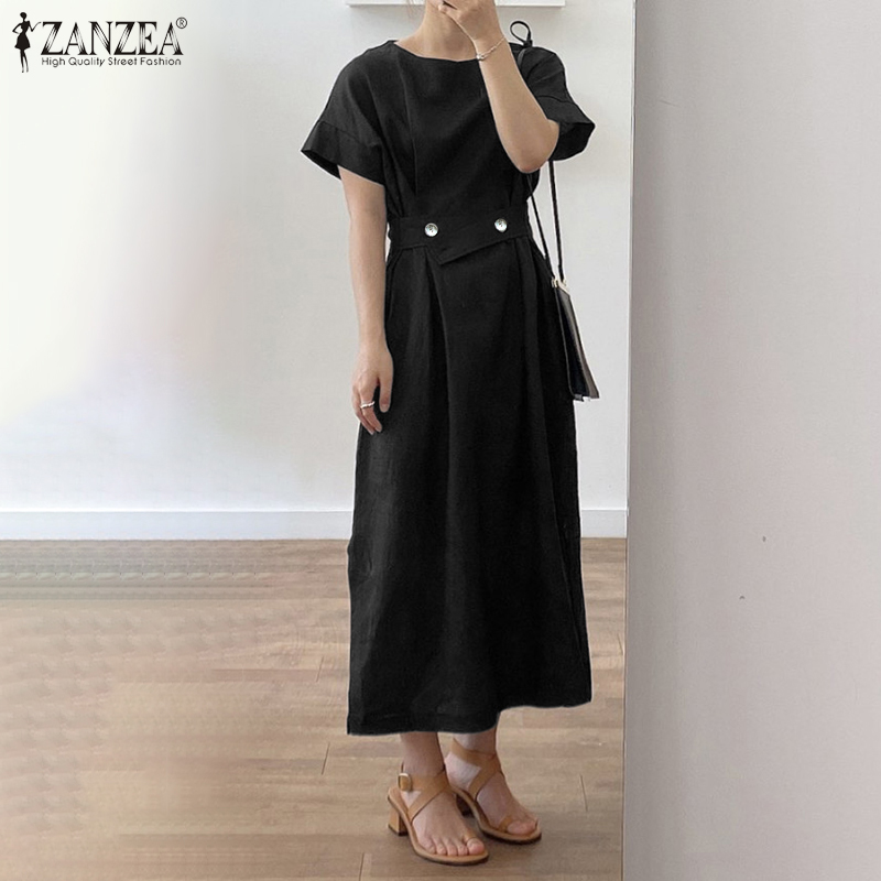 Đầm Maxi ZANZEA Dáng Rộng Tay Ngắn Cổ Tròn Phối Túi Bên Cho Nữ | BigBuy360 - bigbuy360.vn