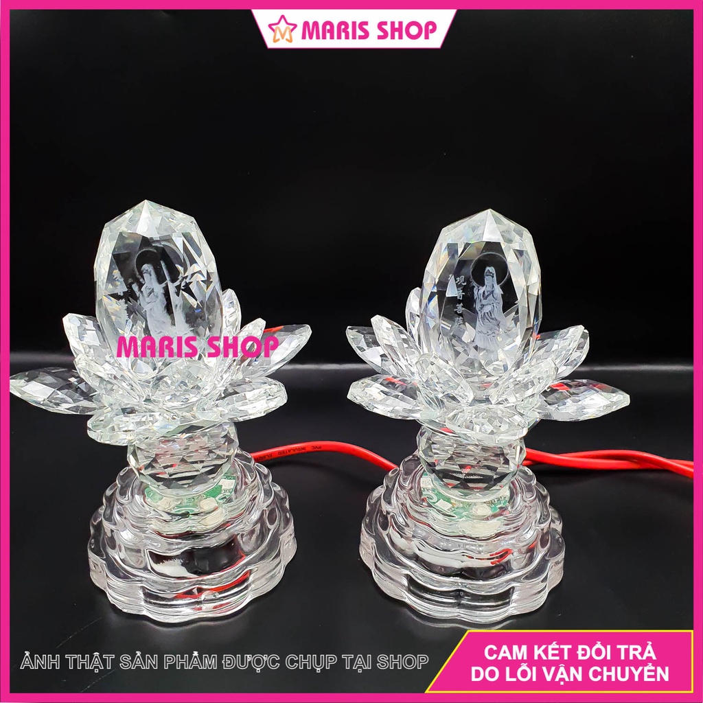 Bộ 2 Cây Đèn Thờ Pha Lê Nguyên Khối Hình Phật Quan Âm Và Sen, Đèn LED Tự Động Đổi Màu Cao 15cm