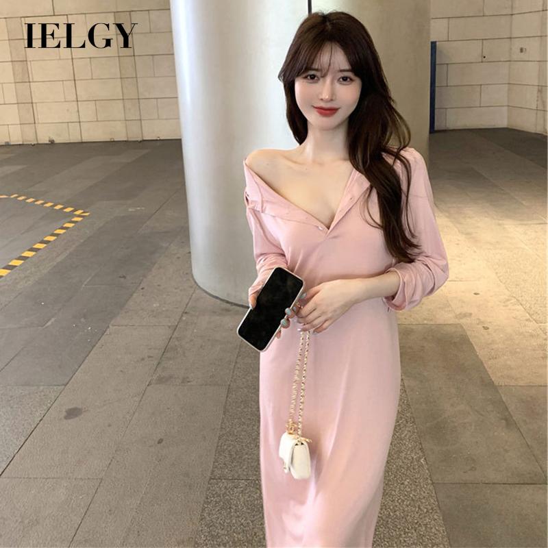 IELGY Đầm dài cổ chữ V nhẹ nhàng