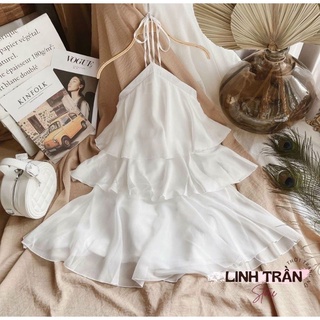 Đầm yếm trắng nữ 3 tầng dáng xòe
