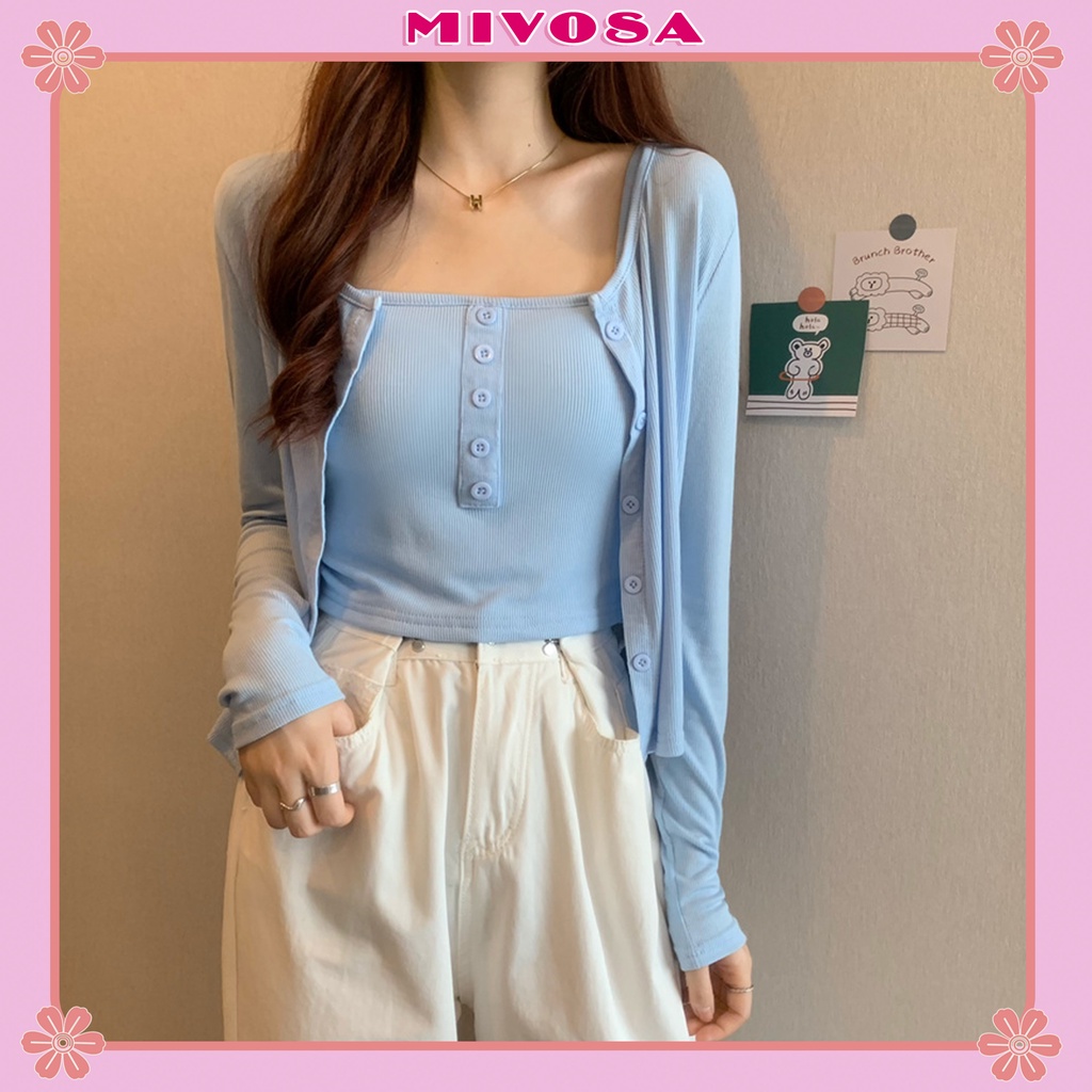Set áo cardigan nữ hàn quốc dài tay mix áo 2 dây cúc giả set 2 món áo khoác ngoài kèm áo croptop 2 dây MIVOSA CD00t