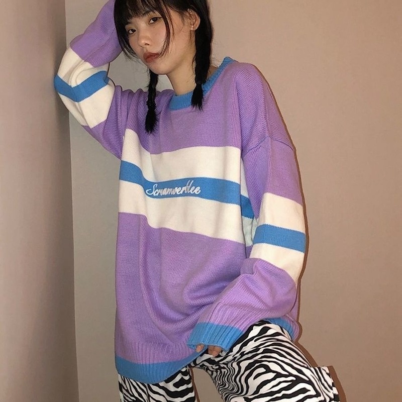 Áo sweater dệt kim mặc chui đầu cổ tròn dáng rộng phối màu kiểu Hàn Quốc thời trang thu đông