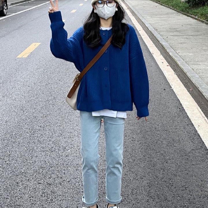 Áo khoác cardigan dệt kim dáng rộng cài nút màu xanh dương phong cách Nhật Bản cổ điển đa năng cho nữ sinh