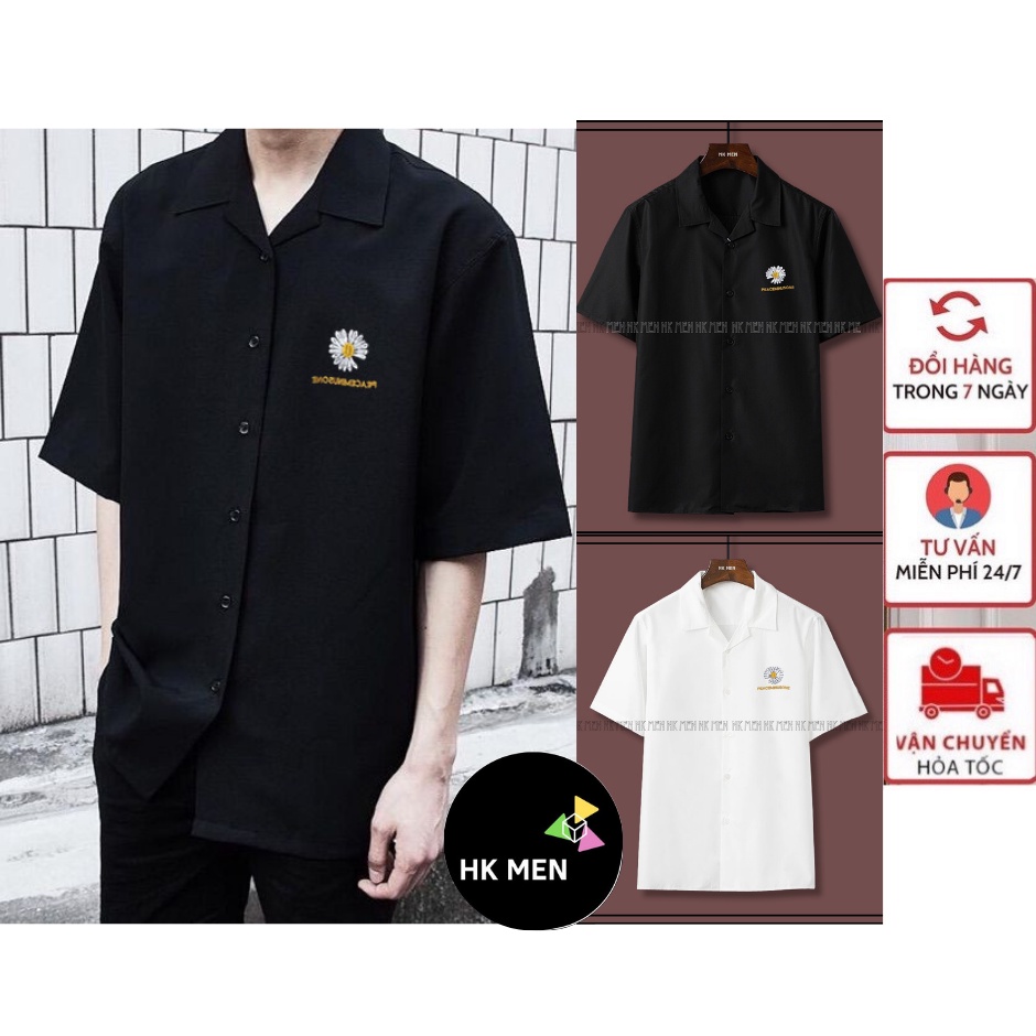 Áo Sơ Mi Nam Nữ Form Rộng THÊU Hình Hoa Cúc Basic Unisex Ngắn Tay Trắng Đen Cổ VEST (HK MEN)
