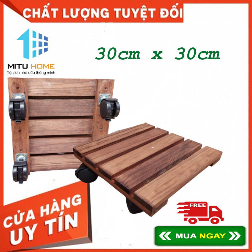 ĐẾ GỖ VUÔNG LÓT CHẬU ĐA NĂNG - MITUHOME - CÓ GẮN BÁNH XE, TẢI TRỌNG 80KG - Kích thước 30x30x10cm