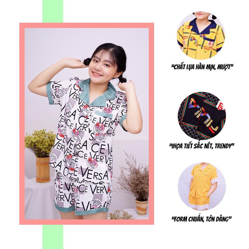 Đồ bộ mặc nhà SBORG bộ lụa hàn họa tiết sang trọng tay ngắn viền ren quần đùi có túi sâu 45-65kg quà tặng vợ