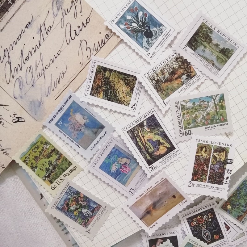 Set 46 sticker tem cổ điển tặng kèm postcard nhiều chủ đề dùng trang trí sổ bullet journal - ginandtonic