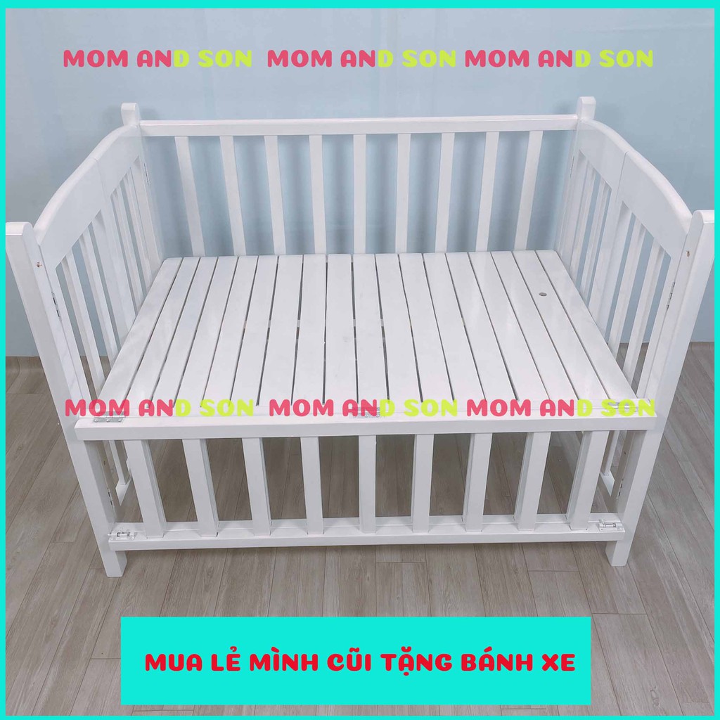 (Nhiều ComBo)Giường Cũi Trẻ Em MOM AND SON(70x110x86 cm)-Gỗ Quế Tự Nhiên Xuất Khẩu Màu Trắng-An toàn-BH 6 Tháng.