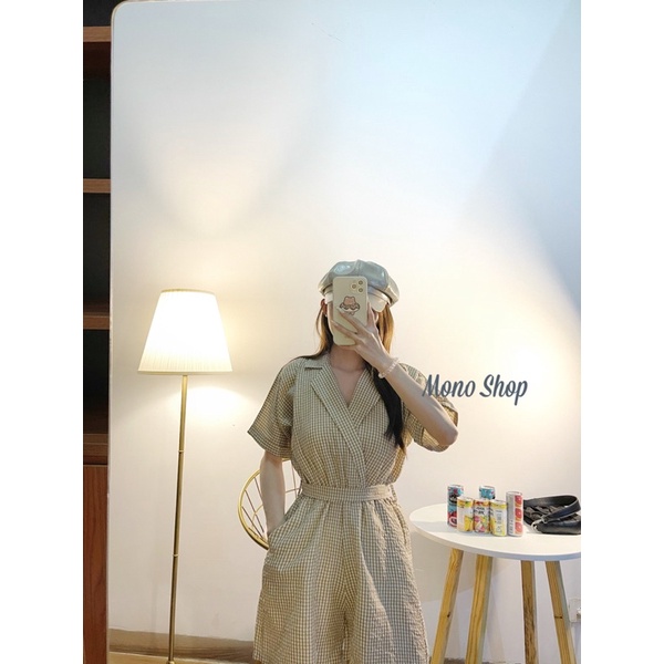 Set jumsuit cổ vest kẻ caro, set jum caro cột dây (ảnh thật/sẵn)