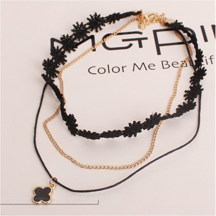 Vòng đeo cổ tatoo choker nhung ren gắn hạt cườm/ sợi mảnh hai dây gắn bông hoa 4 cánh sang chảnh cho nữ VC102