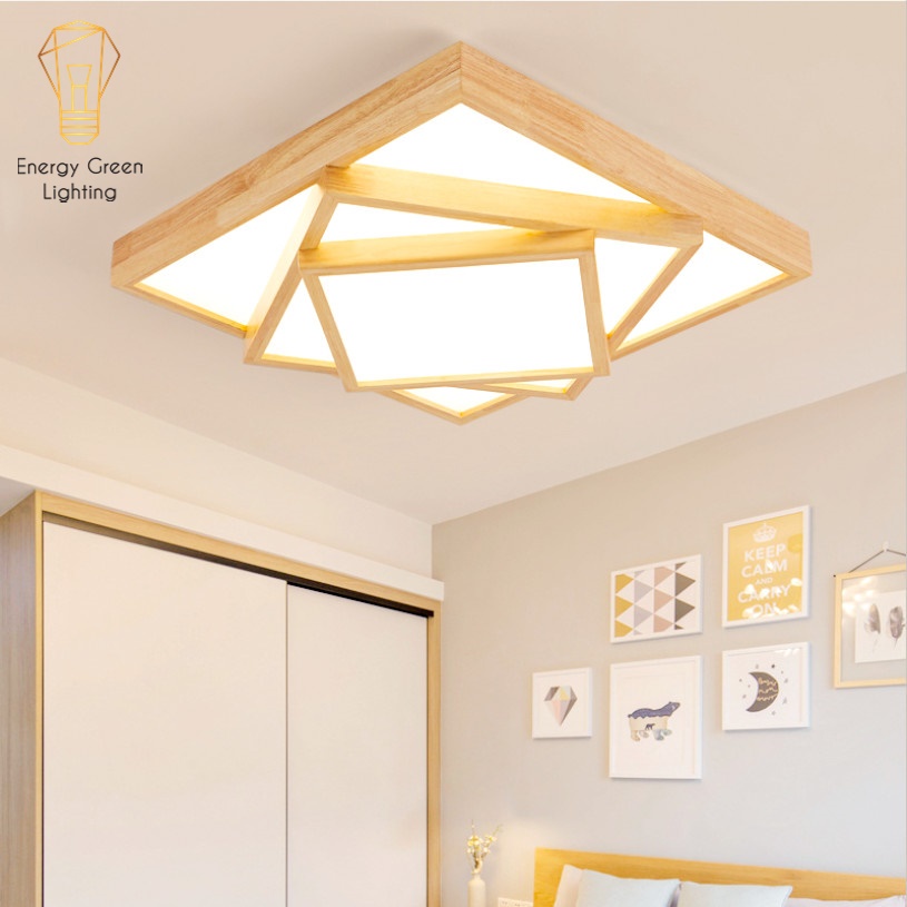Đèn Ốp Trần Thân Gỗ Cao Cấp Energy Green Lighting DGT-Y380 - 2 Lớp, 3 Lớp Hình Vuông - Đường Kính 63cm